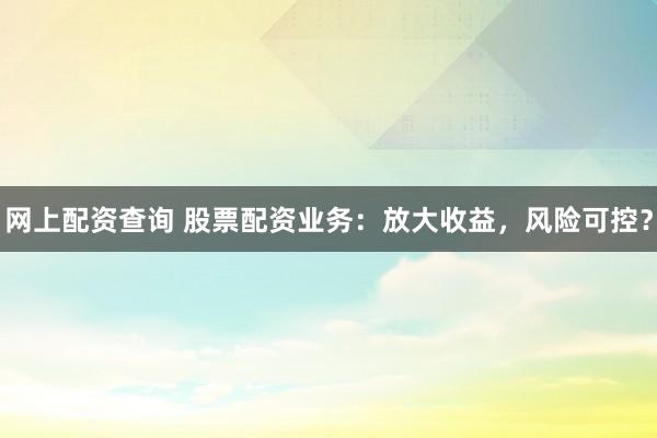 网上配资查询 股票配资业务:放大收益,风险可控?